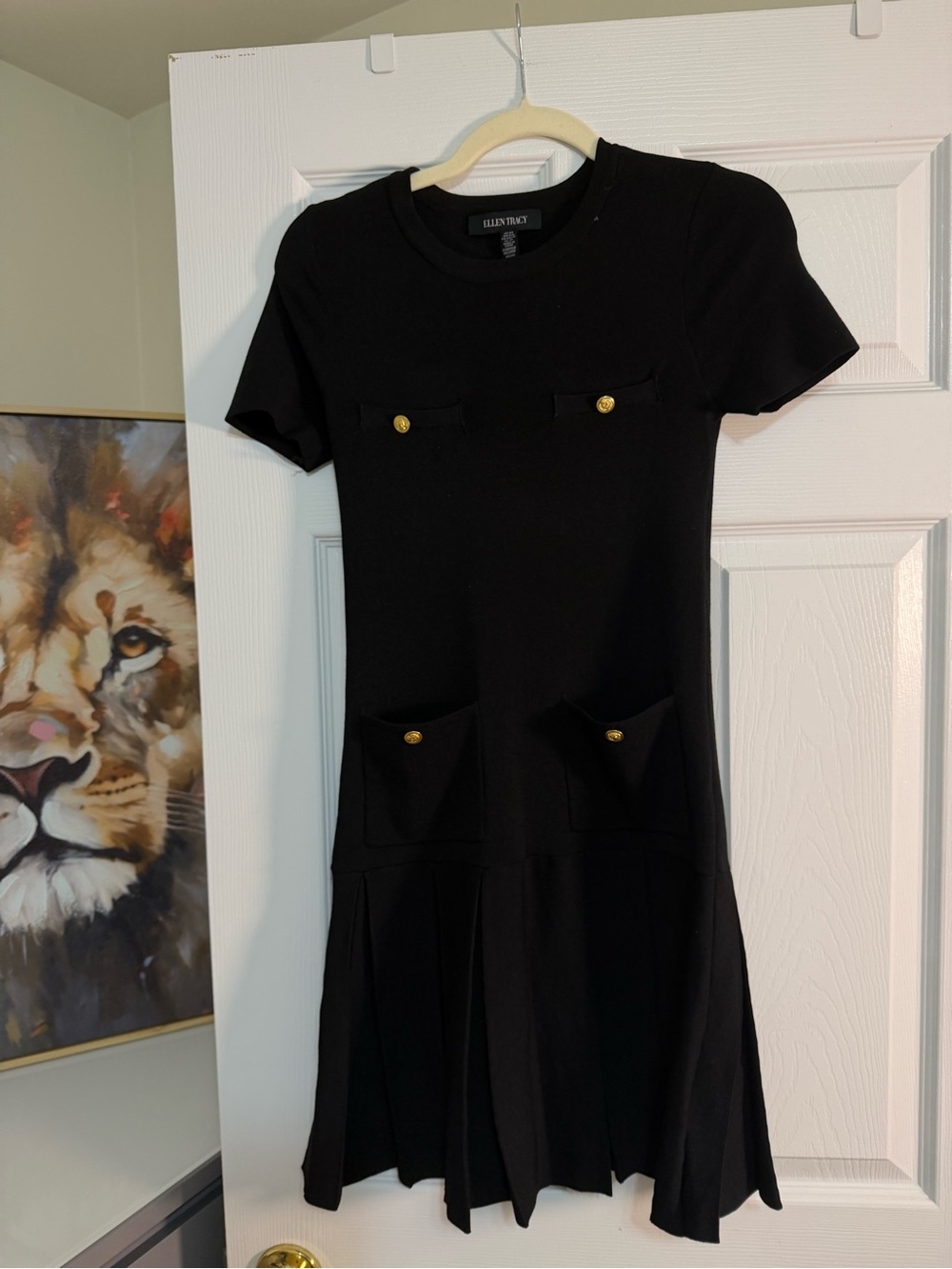 Ellen Tracy Black Short-Sleeve Dress with Gold Buttons